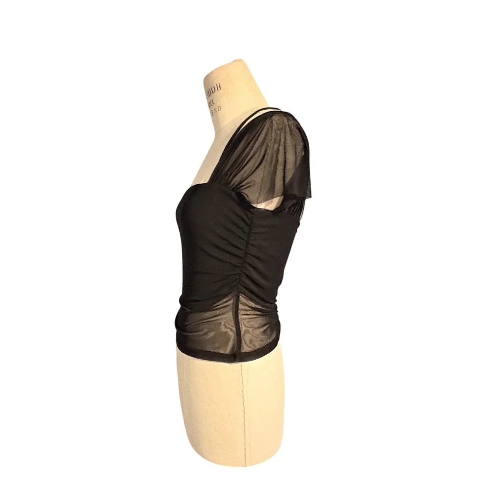 Tiger Mist Black Mesh Ruched Cap Sleeve Halter Square Neck Top Womens M Emo Goth - Picture 2 of 8